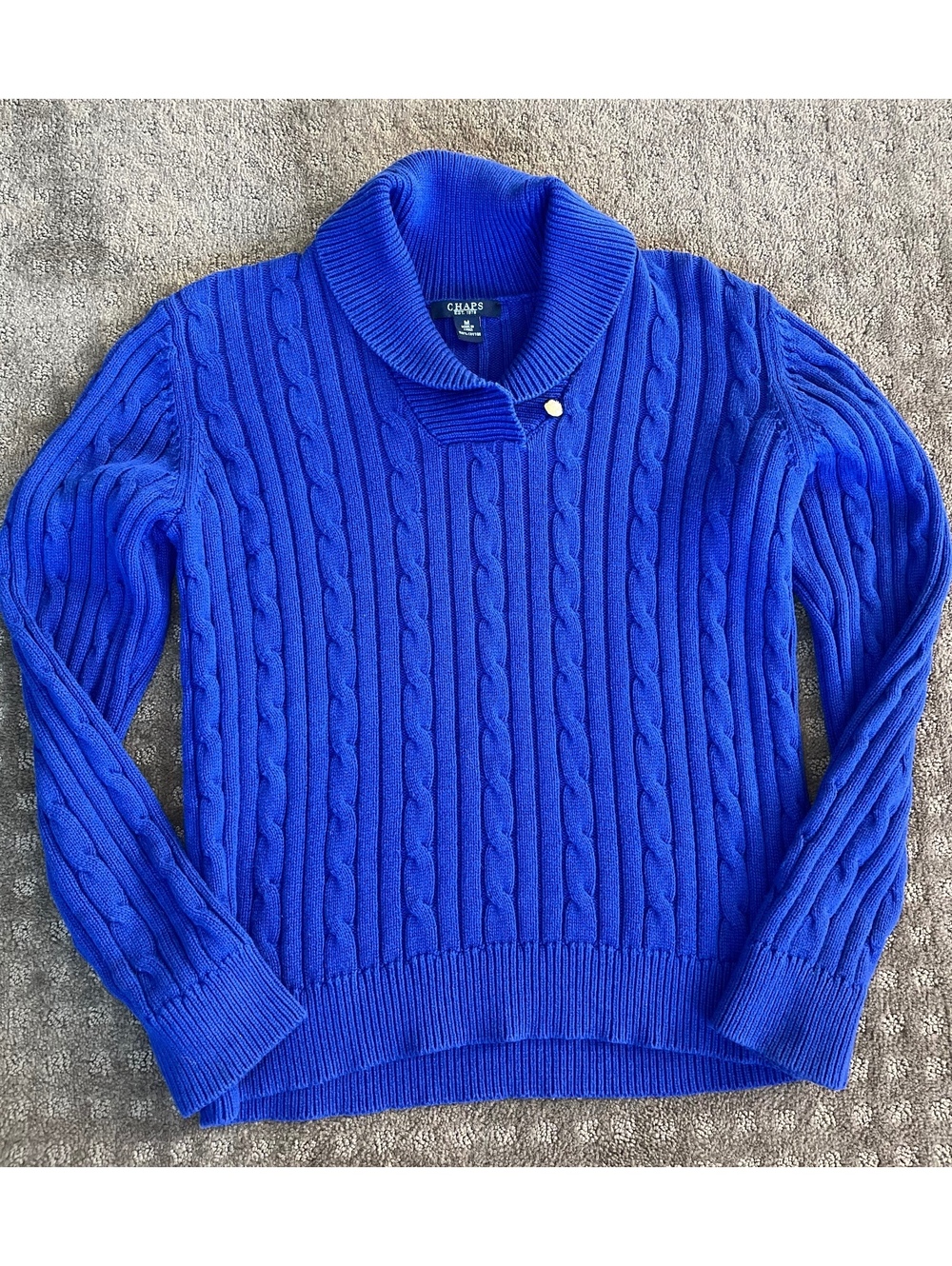 Chaps Royal Blue Cable Knit Pullover Sweater w Shawl Collar Women’s sz M Cotton